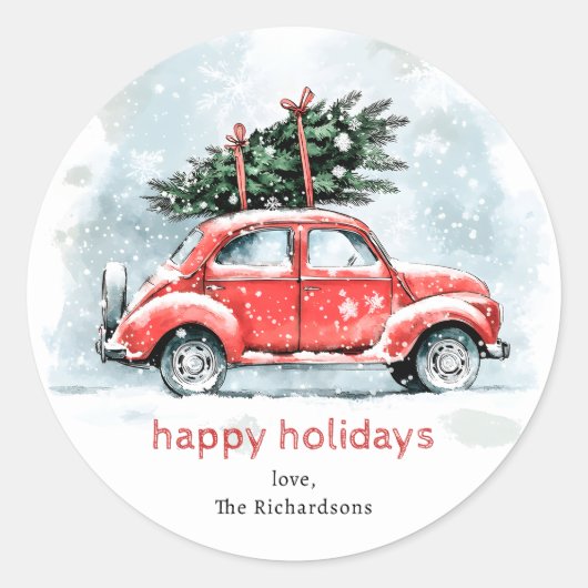 Classic Watercolor Red Car Christmas Tree Holiday  Ronde Sticker (Voorkant)