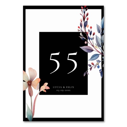 Classic Waterverf Blauw Bladeren Zwart Bruiloft Kaart (Voorkant)