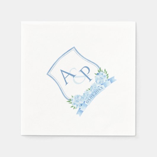 Classic Waterverf Blue Hydrangea Wedding Crest Servet (Voorkant)
