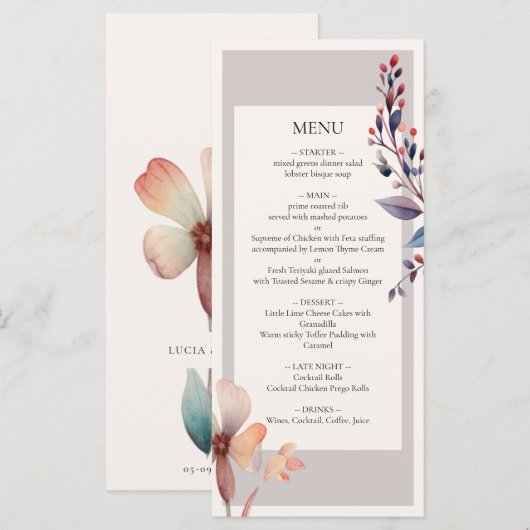 Classic Waterverf Blue Leaves Minimalistische brui Menu (Voorkant / Achterkant)