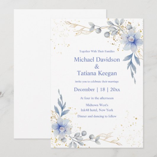 Classic waterverf Dusty Blue Flowers Wedding Kaart (Voorkant / Achterkant)