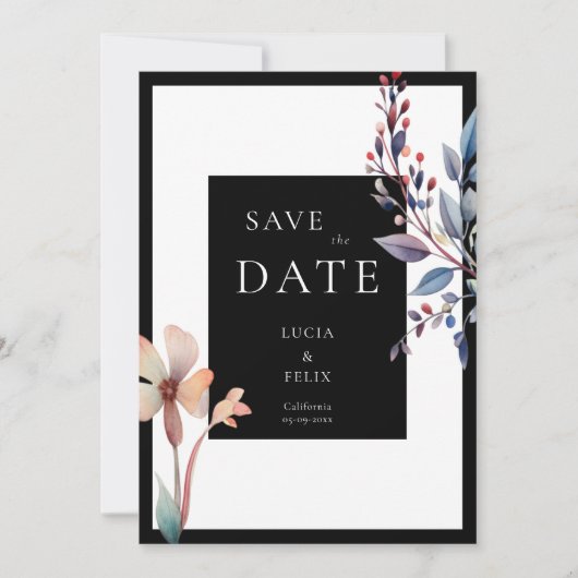 Classic Waterverf Floral Black Save The Date Kaart (Voorkant)