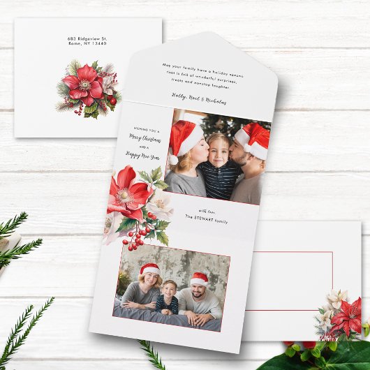 Classic Waterverf Kerst Bloemen Foto All In One Uitnodiging