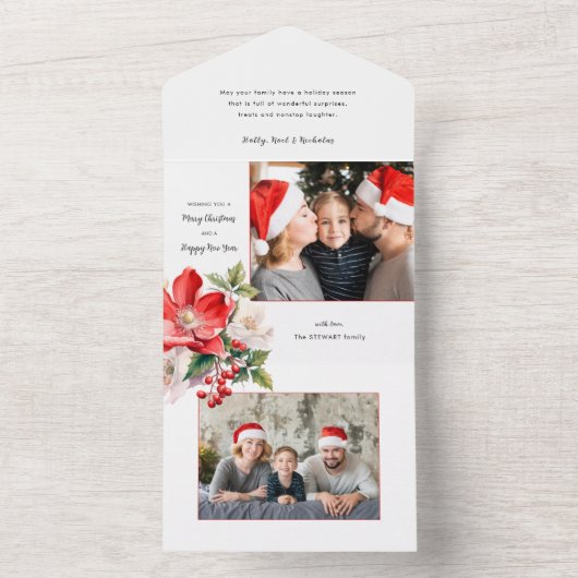 Classic Waterverf Kerst Bloemen Foto All In One Uitnodiging (Binnen)