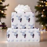 Classic Waterverf Moose Christmas Cadeaupapier<br><div class="desc">Een handgeschilderde waterverf elanden met een buffel check sjaal op chique modern kerstinpakpapier</div>