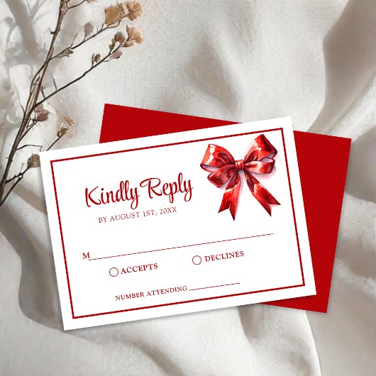 Classic Waterverf Red Bow Wedding RSVP Kaartje