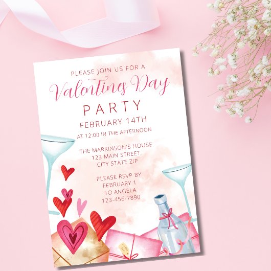Classic Waterverf Roze Valentijnsdag Party Kaart