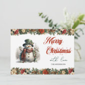 Classic waterverf schattige sneeuwman en holly ber feestdagenkaart (Staand voorkant)