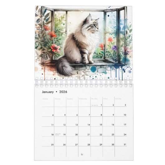 Classic Waterverf Twaalf Kattenrasbloemen 2025 Kalender (Jan 2026)