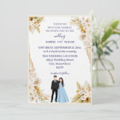 Classic wedding invitation in beige and gold kaart (Staand voorkant)