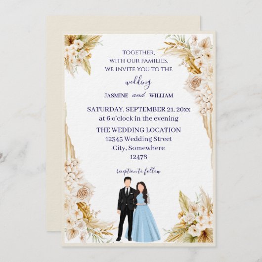 Classic wedding invitation in beige and gold kaart (Voorkant / Achterkant)