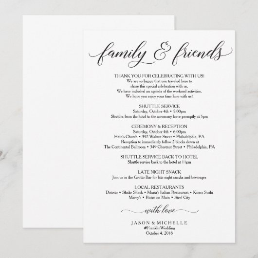 Classic Wedding Itinerary - Weddenschap Welkomstfa Kaart (Voorkant / Achterkant)