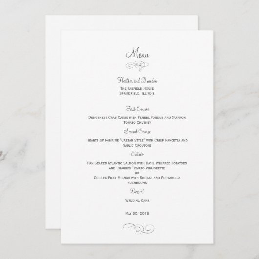 Classic Wedding Menu Kaart - (Grijs) Menu Kaarten (Voorkant / Achterkant)