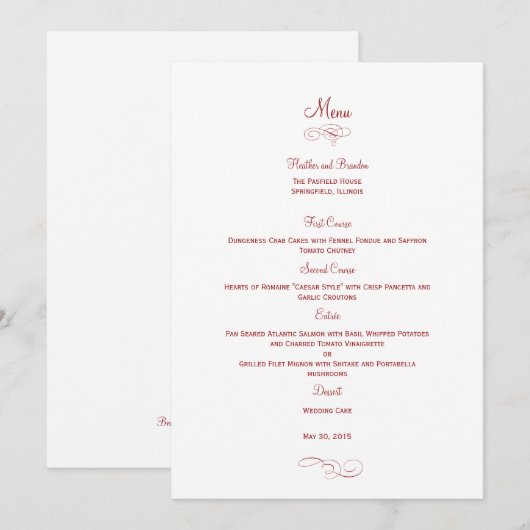 Classic Wedding Menu Kaart - (Rood) Menu Kaarten (Voorkant / Achterkant)