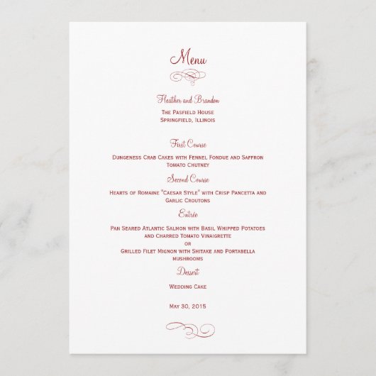 Classic Wedding Menu Kaart - (Rood) Menu Kaarten (Voorkant)