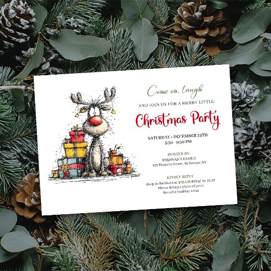 Classic whimsical reindeer Christmas party invite Kaart