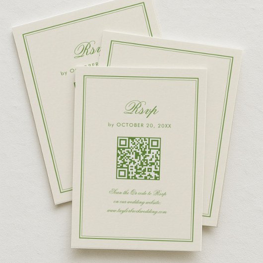 Classic White and Sage Green Wedding Response Informatiekaartje