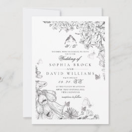 Classic White Black Botanical Wedding  Kaart