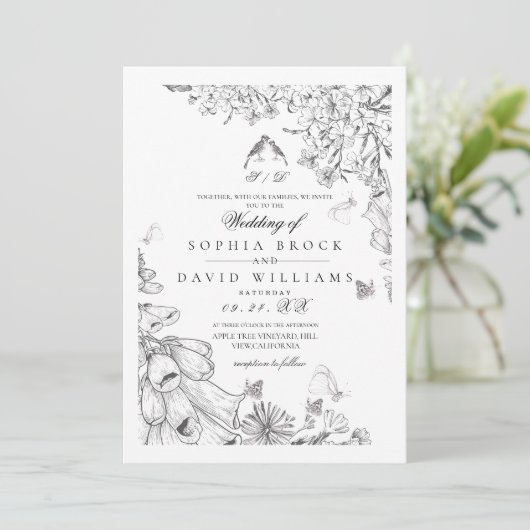 Classic White Black Botanical Wedding  Kaart (Staand voorkant)