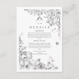 Classic White Black Floral Wedding  Informatiekaartje