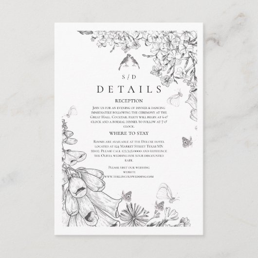 Classic White Black Floral Wedding  Informatiekaartje (Voorkant)
