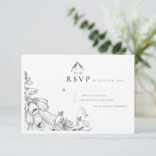 Classic White Black Floral Wedding  RSVP Card (Staand voorkant)