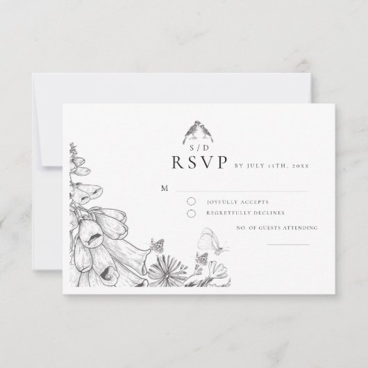 Classic White Black Floral Wedding  RSVP Card Kaartje (Voorkant)
