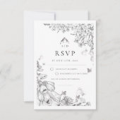 Classic White Black Floral Wedding  RSVP Kaartje (Voorkant)