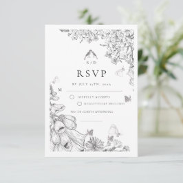 Classic White Black Floral Wedding  RSVP Kaartje