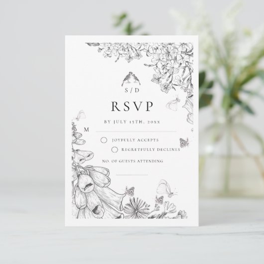 Classic White Black Floral Wedding  RSVP Kaartje (Staand voorkant)