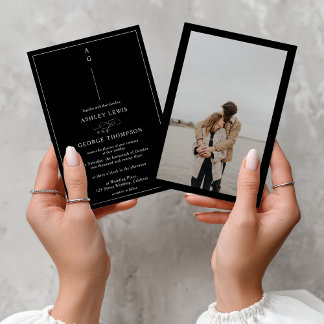 Classic white black photo calligraphy wedding kaart