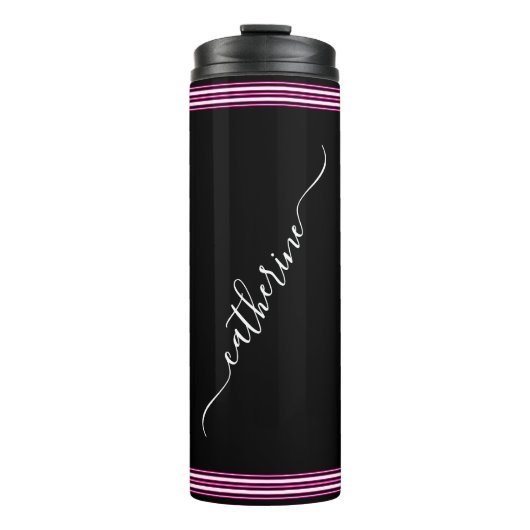 Classic White Cursive Script Name Hot Pink Black Thermosbeker (Voorkant)