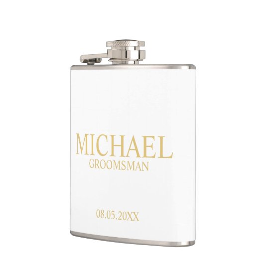 Classic White en Gold Personalized Groomsman Heupfles (Links)