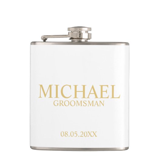 Classic White en Gold Personalized Groomsman Heupfles (Voorkant)