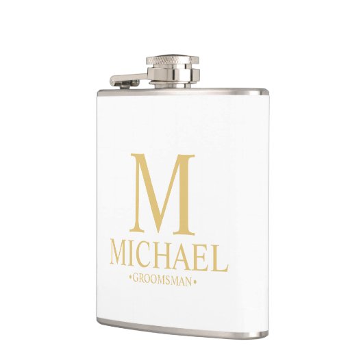Classic White en Gold Personalized Groomsman Heupfles (Links)