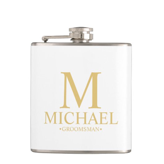 Classic White en Gold Personalized Groomsman Heupfles (Voorkant)