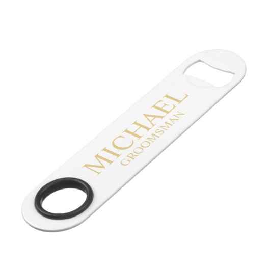 Classic White en Gold Personalized Groomsman Speed Flessenopener (Voorkant Gekanteld)
