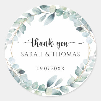 Classic White Eucalyptus Wreath Wedding Thank You Ronde Sticker