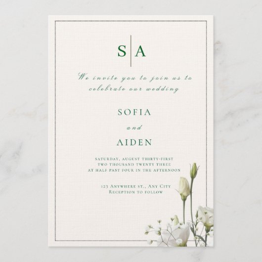 classic white floral and border wedding invitation kaart (Voorkant)