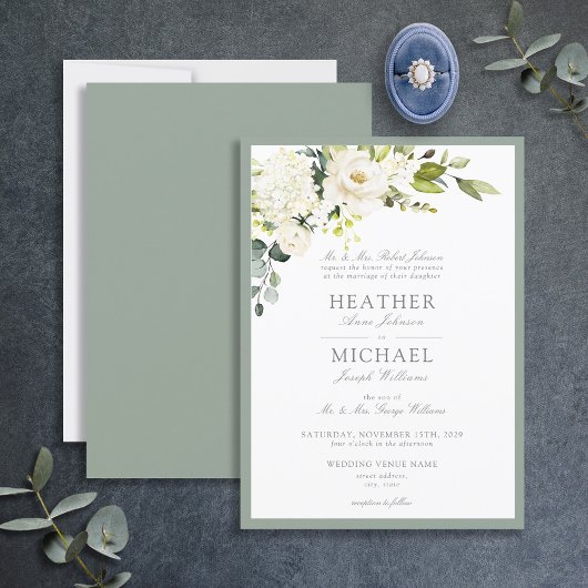 Classic White Grey Green Floral Waterverf Wedding Kaart