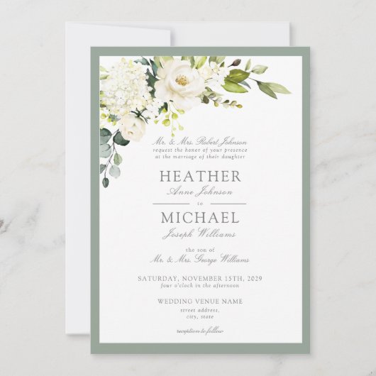 Classic White Grey Green Floral Waterverf Wedding Kaart (Voorkant)