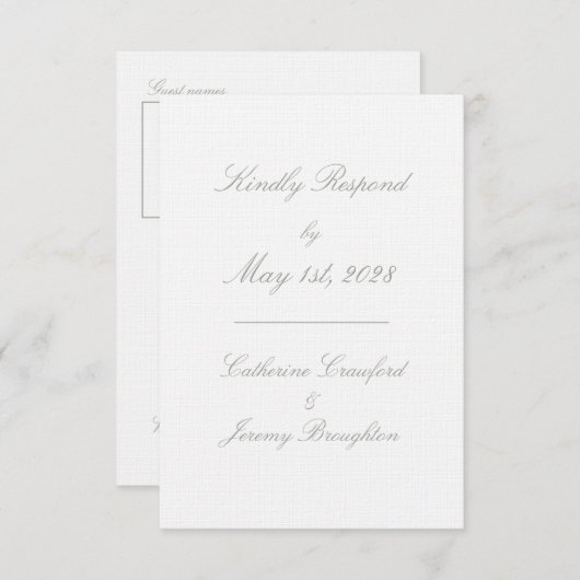 Classic White Linen Wedding Script Mail in RSVP (Voorkant / Achterkant)