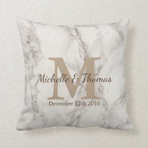 Classic White Marble Taupe Monogram Weduwdatum Kussen