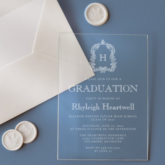Classic White Monogram Crest Graduation Party Acryl Uitnodigingen