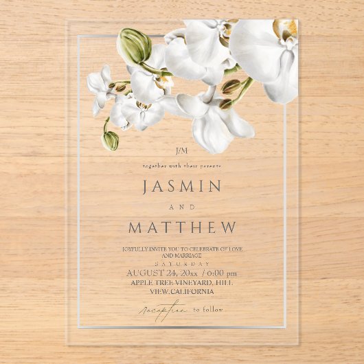 Classic White Orchids Frame Elegant Wedding Acryl Uitnodigingen (Voorkant)