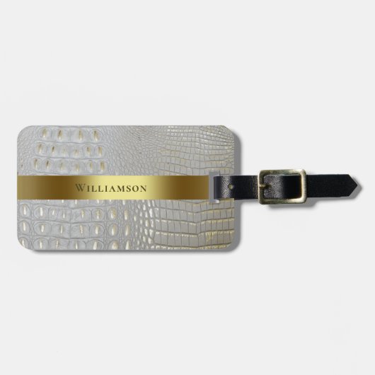 Classic White Reptile Digital Leather Gold Metal Bagagelabel (Voorkant horizontaal)