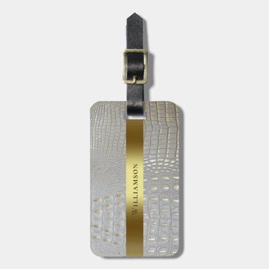 Classic White Reptile Digital Leather Gold Metal Bagagelabel (Voorkant verticaal)