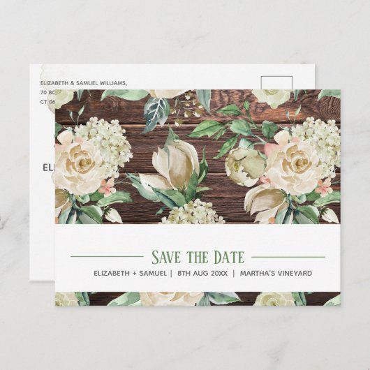 Classic White Rose Hydrangea Waterverf hout RSVP Aankondigingskaart (Voorkant / Achterkant)