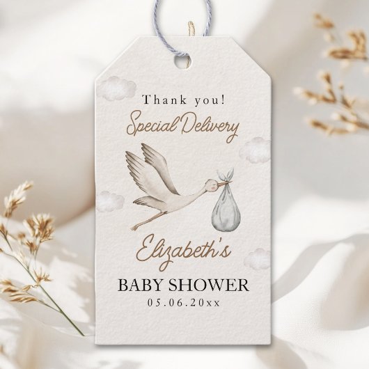 Classic White Stork Baby Shower Neutral Cadeaulabel