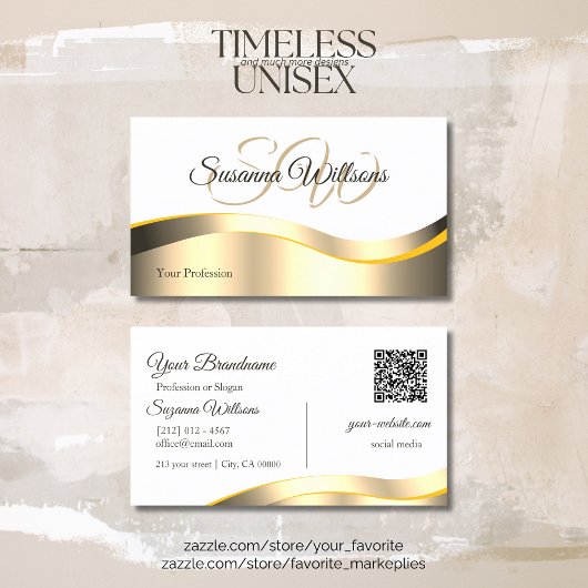 Classic White Wavy Gold Decor Initialen en QR-code Visitekaartje